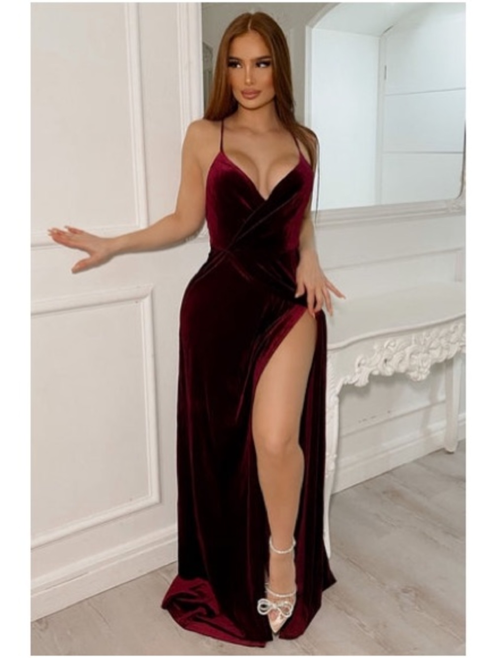 Fashion Nova Burgundy Velvet Plunge Gown with High Slit